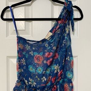 One shoulder silky blue floral top